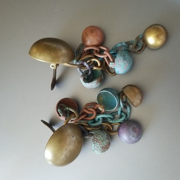 Dannah Designer Dangling Clip On Copper Brass Patina Link Handmade Earrings - Picture 16 of 16